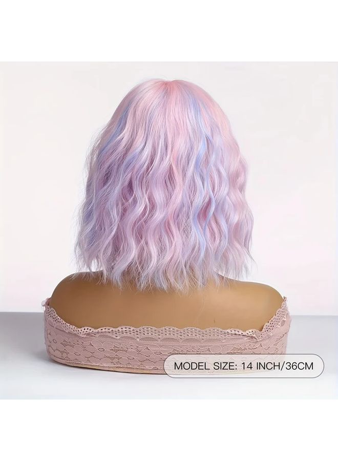 Summer Wig Highlighted Pink Short Curly Fiber Hair 14 Inch Head Cover - Image 4