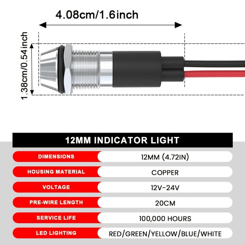 10pcs 12mm LED Indicator Light 12V 24V Blue Pre Wired Warning Light Concave Head Metal Shell Signal Light For Boat Dashboard - Image 4