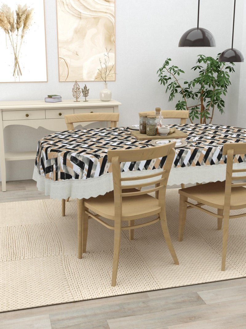 Clasiko 4 Seater Oval Dining Table Cover; 54x78 Inches or 137x198 Cms; Material - PVC; Anti Slip; Beige Black Zigzag - Image 2