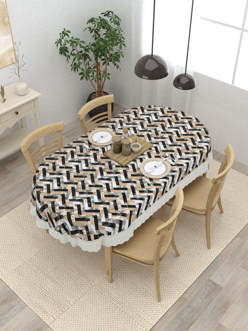 Clasiko 4 Seater Oval Dining Table Cover; 54x78 Inches or 137x198 Cms; Material - PVC; Anti Slip; Beige Black Zigzag - Image 1