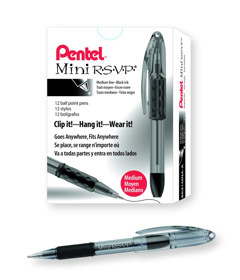 Pentel BK91MNA-A Pentel Mini R.S.V.P. Stick Ballpoint Pen, Translucent Brl, Black Ink, Med Pt, Pack of 12 - Image 1