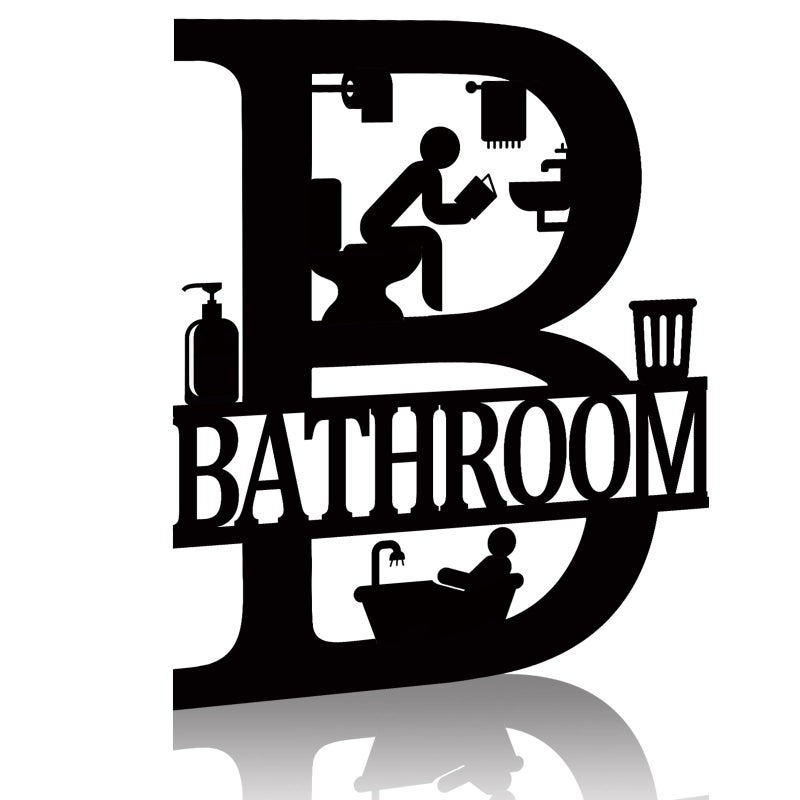 FANTAART Metal Bathroom Signs Wall Decor, 12x14 Inch Black Bathroom Wall Art, Farmhouse Funny Restroom Sign for Modern Home Decoration Gift for Housewarming - Image 1