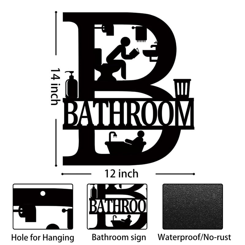 FANTAART Metal Bathroom Signs Wall Decor, 12x14 Inch Black Bathroom Wall Art, Farmhouse Funny Restroom Sign for Modern Home Decoration Gift for Housewarming - Image 2