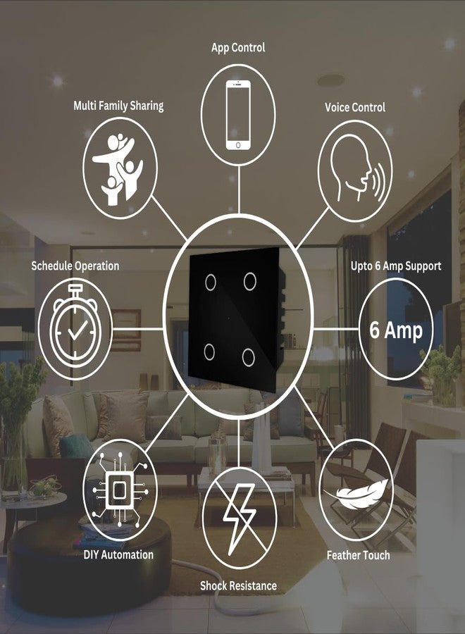 Wynbee مفتاح Wynbee Air الذكي باللمس، 4 مرحلات (6 أمبير لكل منها) - مزود بتقنية Wi-Fi و Bluetooth، متوافق مع Alexa و Google Assistant وتطبيق Wynbee (أسود) - Image 3