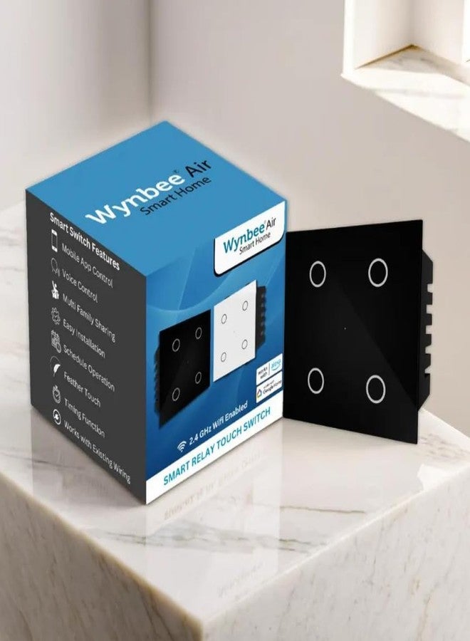 Wynbee مفتاح Wynbee Air الذكي باللمس، 4 مرحلات (6 أمبير لكل منها) - مزود بتقنية Wi-Fi و Bluetooth، متوافق مع Alexa و Google Assistant وتطبيق Wynbee (أسود) - Image 1