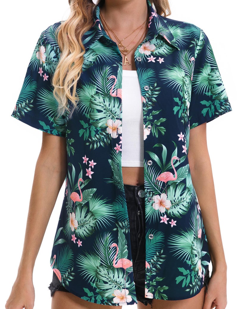 Mizvsitrd Hawaiian Shirts for Women, Hawaiian Shirt Beach Shirts Tropical Blouses for Women Aloha Outfits Luau Clothing Summer Ladies Button Up Short Sleeve Shirts for Vacaion, Flamingo Green, Large - Image 1