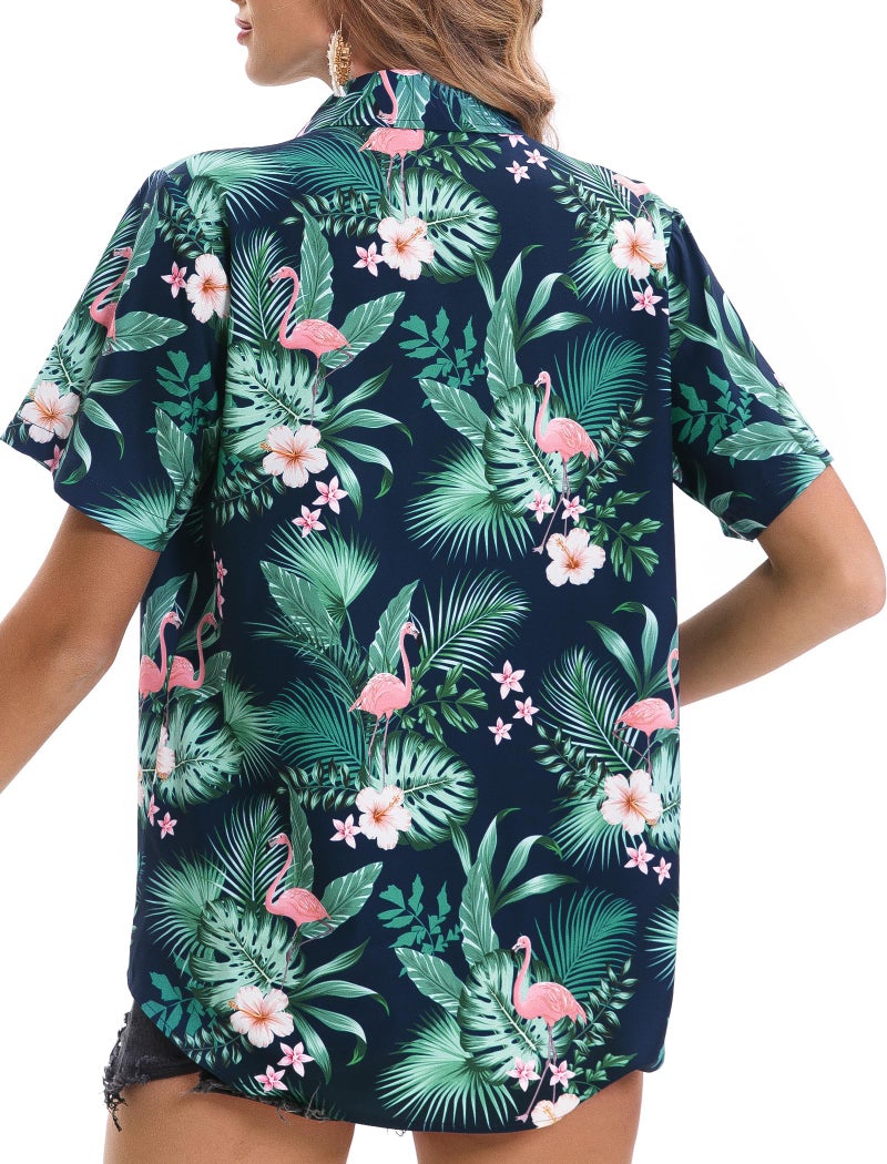 Mizvsitrd Hawaiian Shirts for Women, Hawaiian Shirt Beach Shirts Tropical Blouses for Women Aloha Outfits Luau Clothing Summer Ladies Button Up Short Sleeve Shirts for Vacaion, Flamingo Green, Large - Image 5