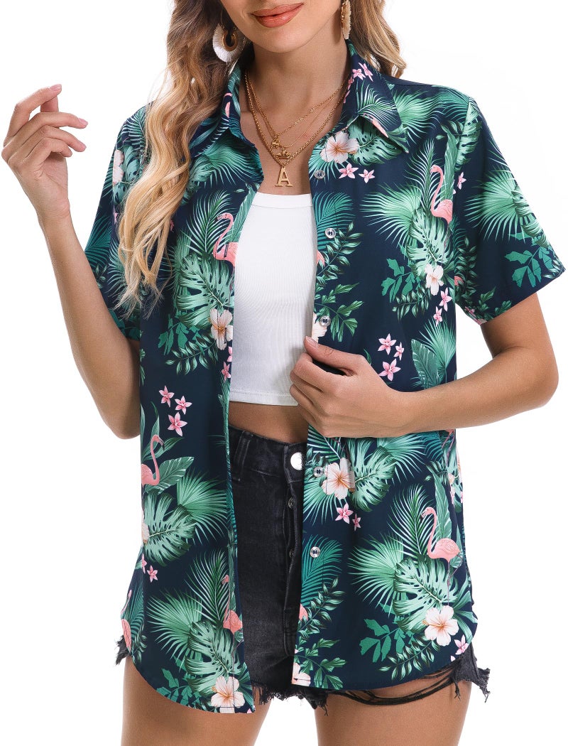 Mizvsitrd Hawaiian Shirts for Women, Hawaiian Shirt Beach Shirts Tropical Blouses for Women Aloha Outfits Luau Clothing Summer Ladies Button Up Short Sleeve Shirts for Vacaion, Flamingo Green, Large - Image 3