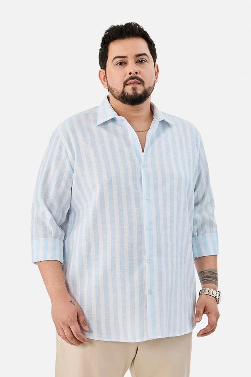 سنيتش Light Blue Striped Long Sleeve Regular Fit Plus Size Shirt