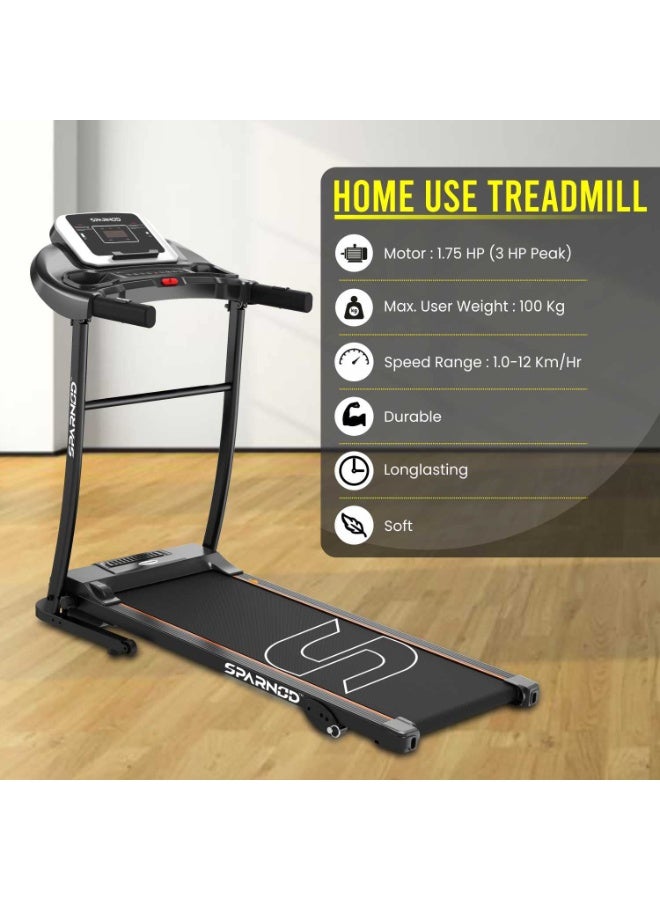 Sparnod Fitness STH-1250 Automatic Motorized Treadmill for Home Use | 3 HP Peak Motor | 1–12 km/h Speed Range | 3-Level Manual Incline | 100 kg User Capacity | LED Display | Foldable Design | 1 Year Warranty - Image 3