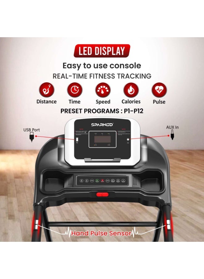 Sparnod Fitness STH-1250 Automatic Motorized Treadmill for Home Use | 3 HP Peak Motor | 1–12 km/h Speed Range | 3-Level Manual Incline | 100 kg User Capacity | LED Display | Foldable Design | 1 Year Warranty - Image 4
