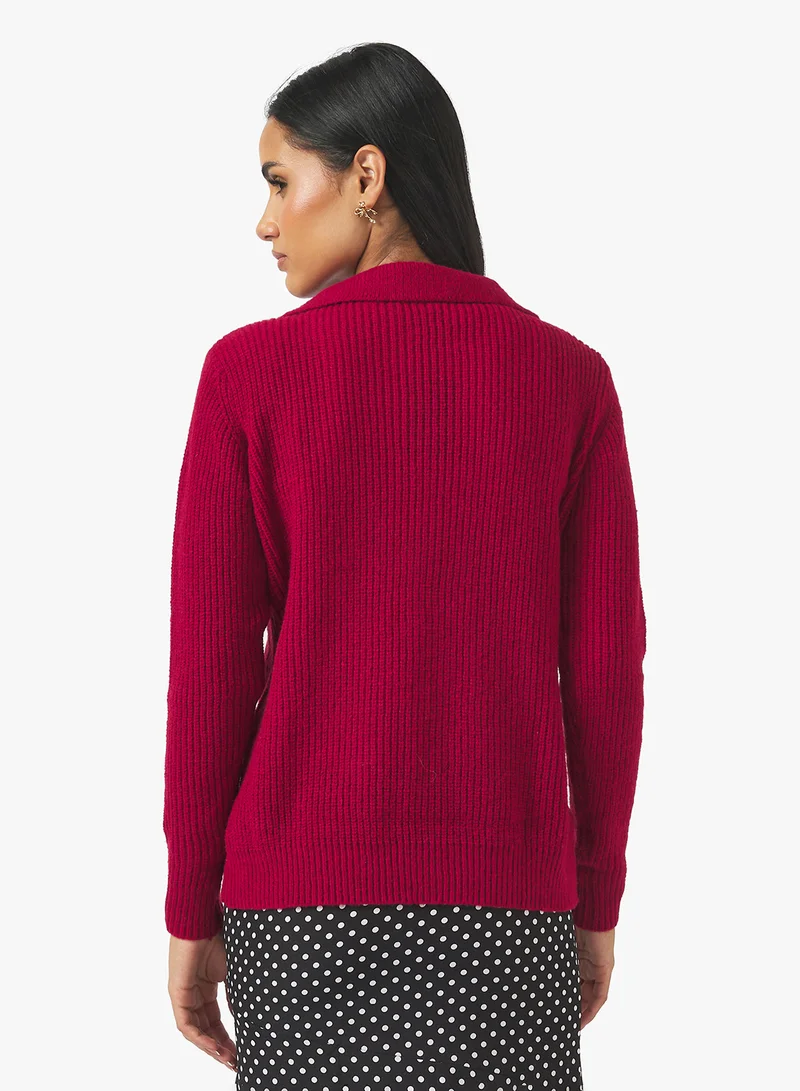 جينجر Polo Neck Fitted Ribbed Sweater