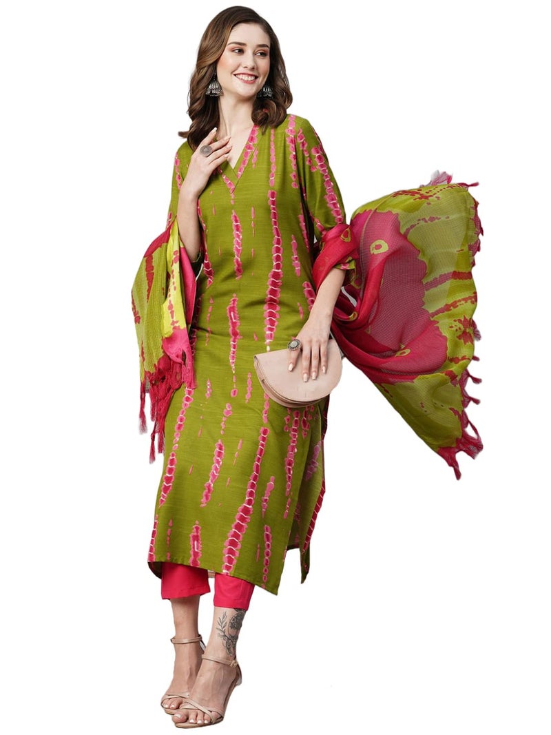 ANNI DESIGNER Women's Cotton Blend Straight Printed Kurta with Pant & Dupatta (SIBORI Methi-KS_S_Green_Small) - Image 1