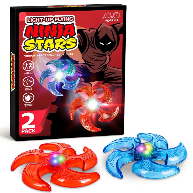 ArtCreativity Light Up Flying Ninja Stars Set 2 Rubber Throwing Stars with Batteries Interactive Ninja Kids Toys for Tossing Games 2 Colors Gift for Kids Red and Blue Stars - Image 2