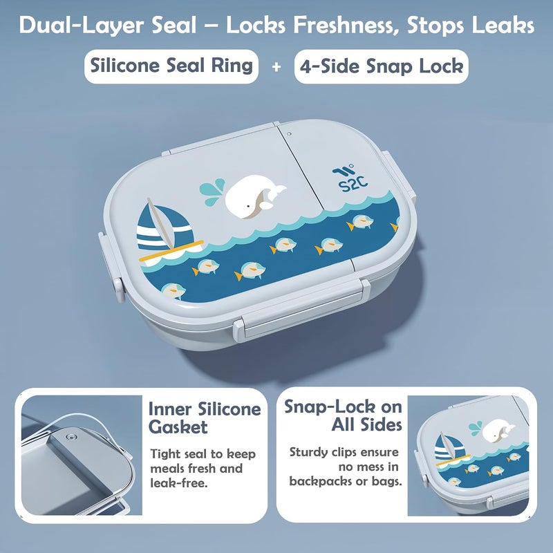 S2C Stainless Steel Kids Lunch Box | Bento-Style Tiffin with Leak-Proof Lid & Insulated Bag | Cute Designs for School & Travel | Large 1600ML Capacity (BLUE WHALE, 2 COMPARTMENT) - Image 4