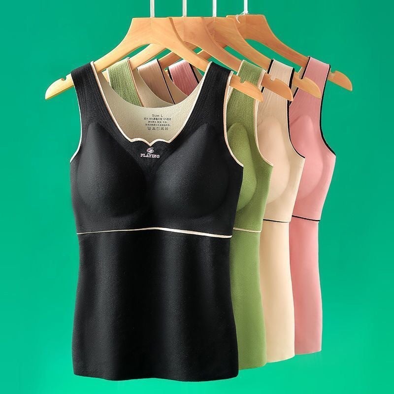 De Rong Oxygen-friendly 2.0 Thermal Vest Womens fleece-lined Thickened with Chest Pad Autumn and Winter Inner Base Thermal Underwear for Women Black + black 