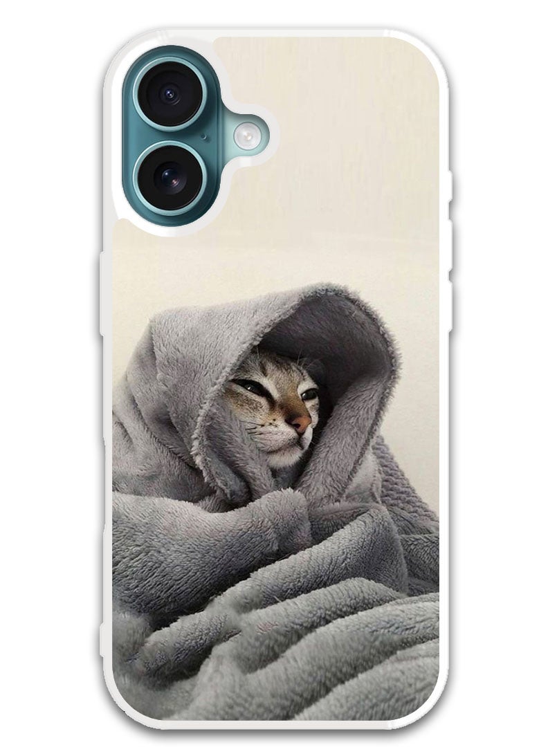 Theodor Protective Case Cover For APPLE IPHONE 16 Cat in Blanket (White Bumper) - Image 1