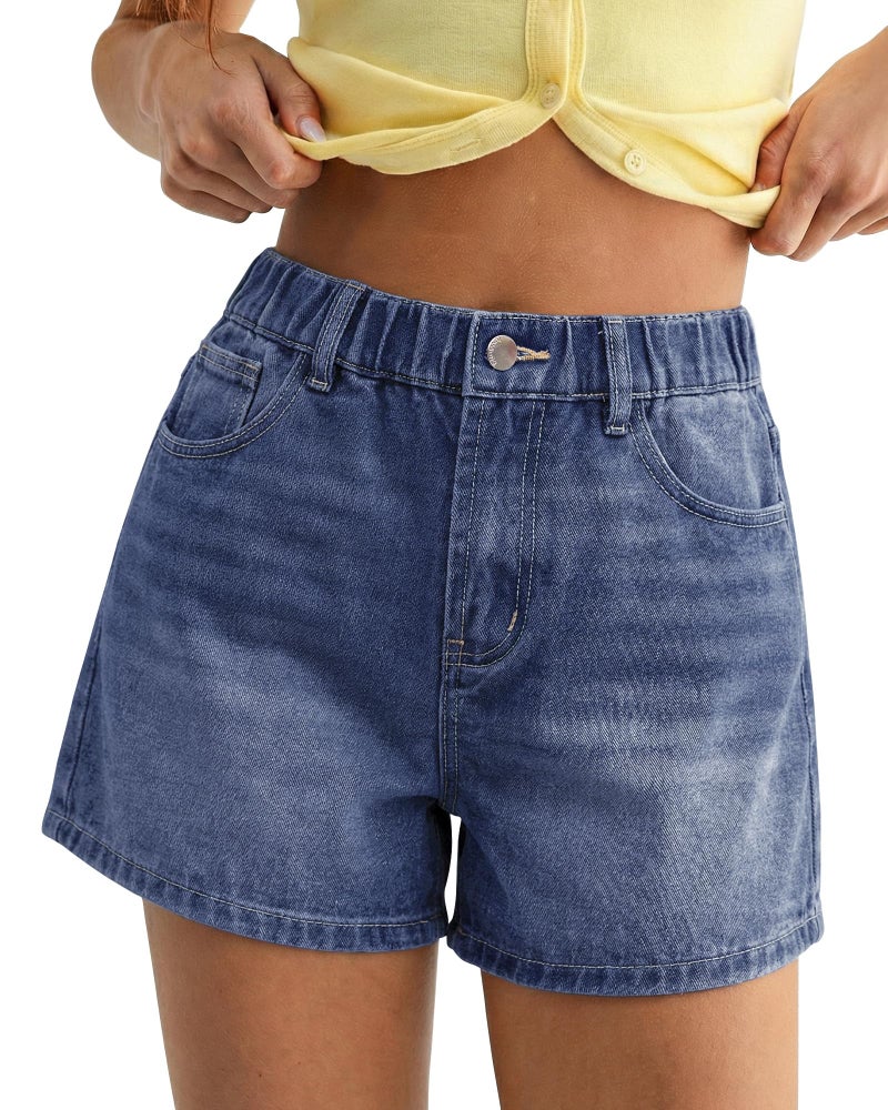 luvamia Jean Shorts for Women High Waisted Baggy Wide Leg Elastic Waist Mom Denim Shorts 4" Inseam Casual Summer Jorts Classic Blue Size Large Fits US 12-14 - Image 1