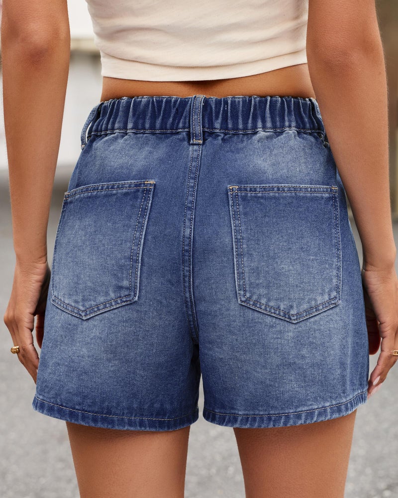 luvamia Jean Shorts for Women High Waisted Baggy Wide Leg Elastic Waist Mom Denim Shorts 4" Inseam Casual Summer Jorts Classic Blue Size Large Fits US 12-14 - Image 3