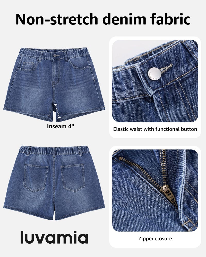luvamia Jean Shorts for Women High Waisted Baggy Wide Leg Elastic Waist Mom Denim Shorts 4" Inseam Casual Summer Jorts Classic Blue Size Large Fits US 12-14 - Image 4