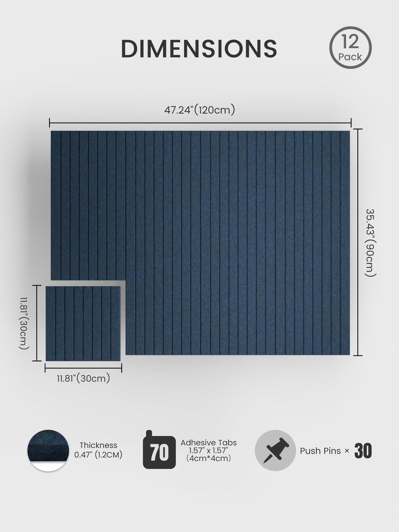 Bumusty Large Cork Board Alternative-48 x 36" Felt Bulletin Board Tiles, with 30 Pushpins, 70 Adhesive Tabs, 12-Pack Slat Wall Paneling, Cork Boards for Office Push Pin Board Felt Board-Navy Blue - Image 2