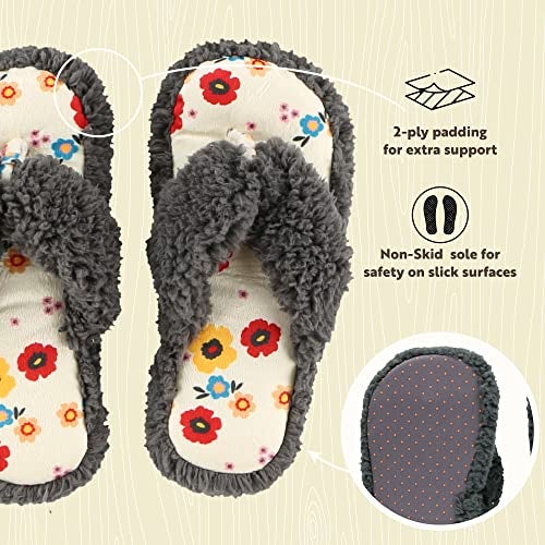 Lazy One Spa Flip-Flop Slippers for Women, Fuzzy House Slippers, Flowers, Grey (Large/X-Large) - Image 5