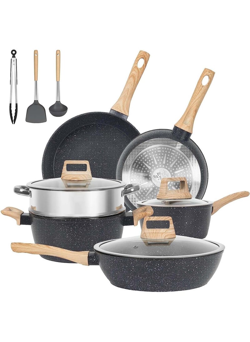 بواو طور مطبخك مع مجموعة أواني الطهي المقاومة للالتصاق من BOAO - مجموعة أواني طهي مكونة من 12 قطعة تتميز بسلامة معتمدة من إدارة الغذاء والدواء الأمريكية (FDA) وسهولة التنظيف وتصميم أنيق - متوافقة مع جميع أنواع المواقد (لون أبيض)