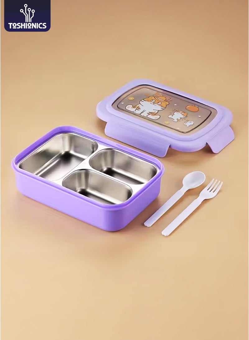 Toshionics Stainless Steel Lunch Box with 3 Compartments, Spoon & Fork, Leakproof, Microwave Safe, Freezer Safe, Removable Tray - BPA-Free– 750ml, 20x14x5 cm – For School, Office, Travel - Image 1