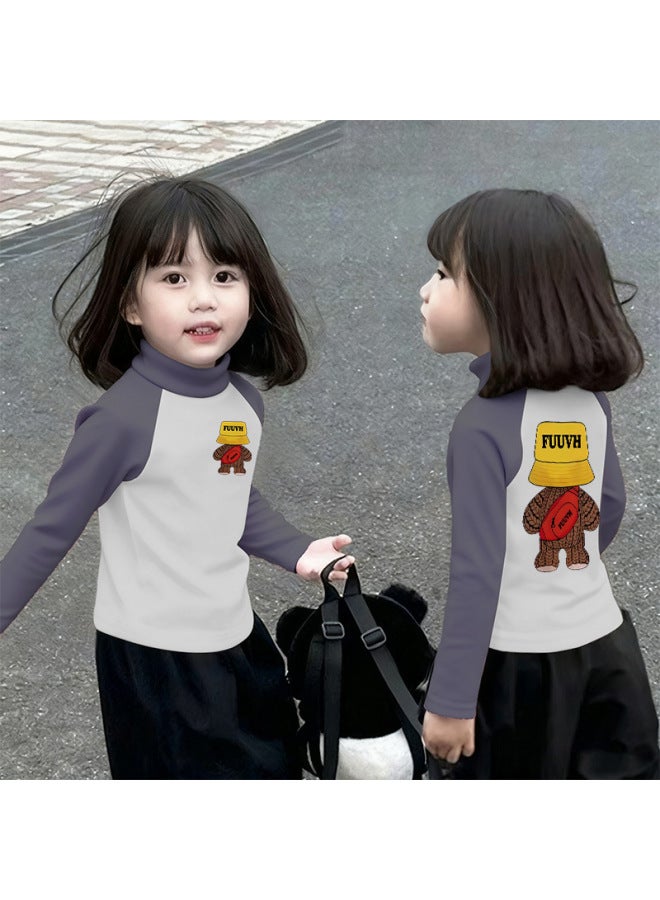 Girls' Thermal Base Layer Top Autumn And Winternew Style For Older Children, Half Turtleneck, Warm Inner Layer, Color-blocking Long Sleeves