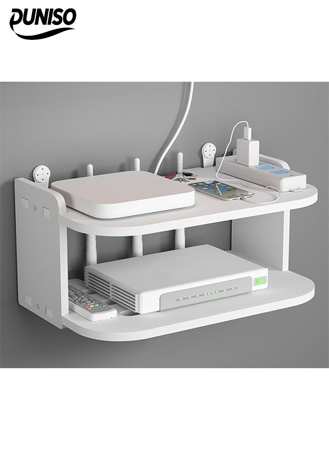 DUNISO Wireless Wifi Router Shelf Storage Racks，Double Layer Wall Mounted Shelf，Cable Power Bracket Organizer Box，Durable and Sturdy, No Need to Drill Holes，for Holding Speakers Wifi Router  - Image 1