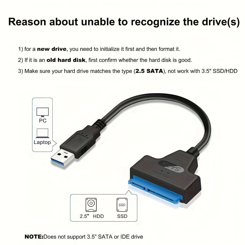 PETO SATA2.5 to USB 3.0 Hard Drive Adapter, Male to Female Interface, SSD Data Transfer, Compatible with Laptop HDD/SSD, Supports UASP, Lightweight and Portable - Image 3