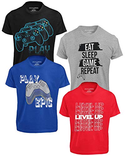 BROOKLYN VERTICAL Boys 4Pack Short Sleeve Crew Neck TShirt with Chest Print Gaming Play Video Gamer Prints for Sizes 620 Grey