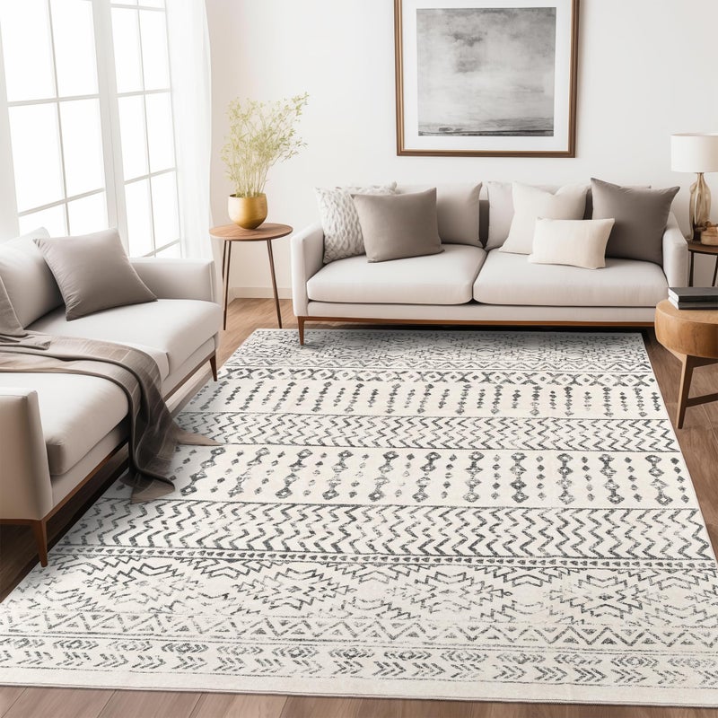 Art&Tuft Area Rug 5x7, Super Soft Ultra-Thin Moroccan Washable Rugs 5x7, Anti-Slip Backing Rugs for Living Room, Foldable Geometric Machine Washable Area Rug(5'x7', Ivory) - Image 1