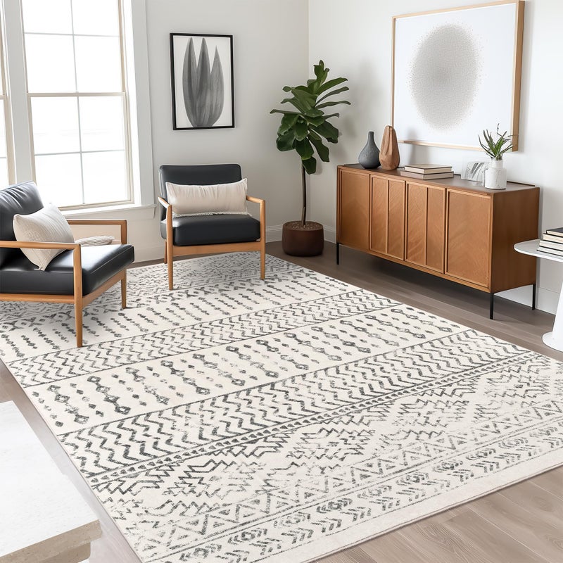 Art&Tuft Area Rug 5x7, Super Soft Ultra-Thin Moroccan Washable Rugs 5x7, Anti-Slip Backing Rugs for Living Room, Foldable Geometric Machine Washable Area Rug(5'x7', Ivory) - Image 3