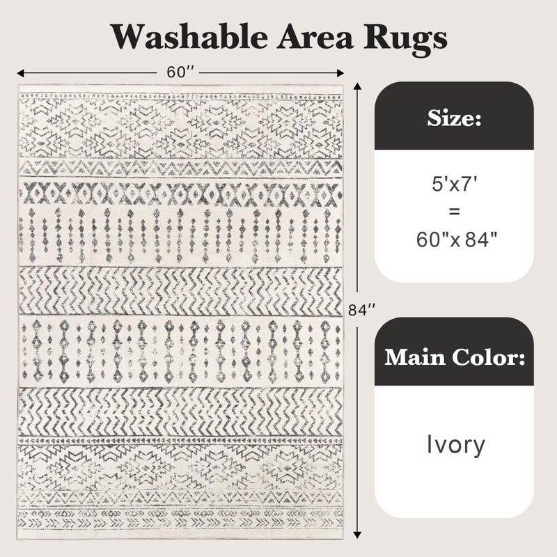 Art&Tuft Area Rug 5x7, Super Soft Ultra-Thin Moroccan Washable Rugs 5x7, Anti-Slip Backing Rugs for Living Room, Foldable Geometric Machine Washable Area Rug(5'x7', Ivory) - Image 2