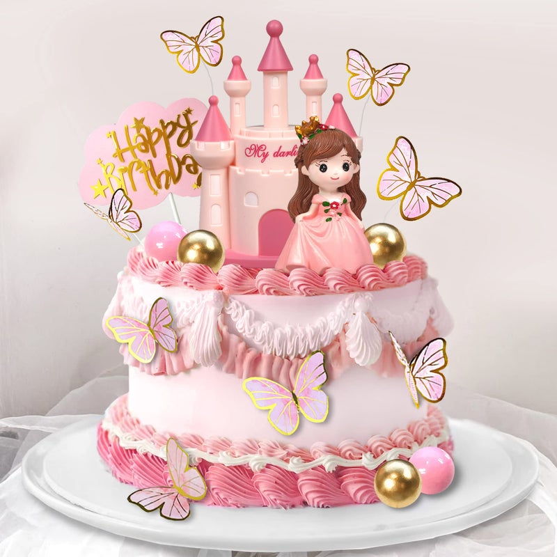 DRWATE 19 PCS Princess Cake Topper Castle Cake Decoration with Butterflies and Balls for Princess Birthday Supplies (Pink) - Image 4
