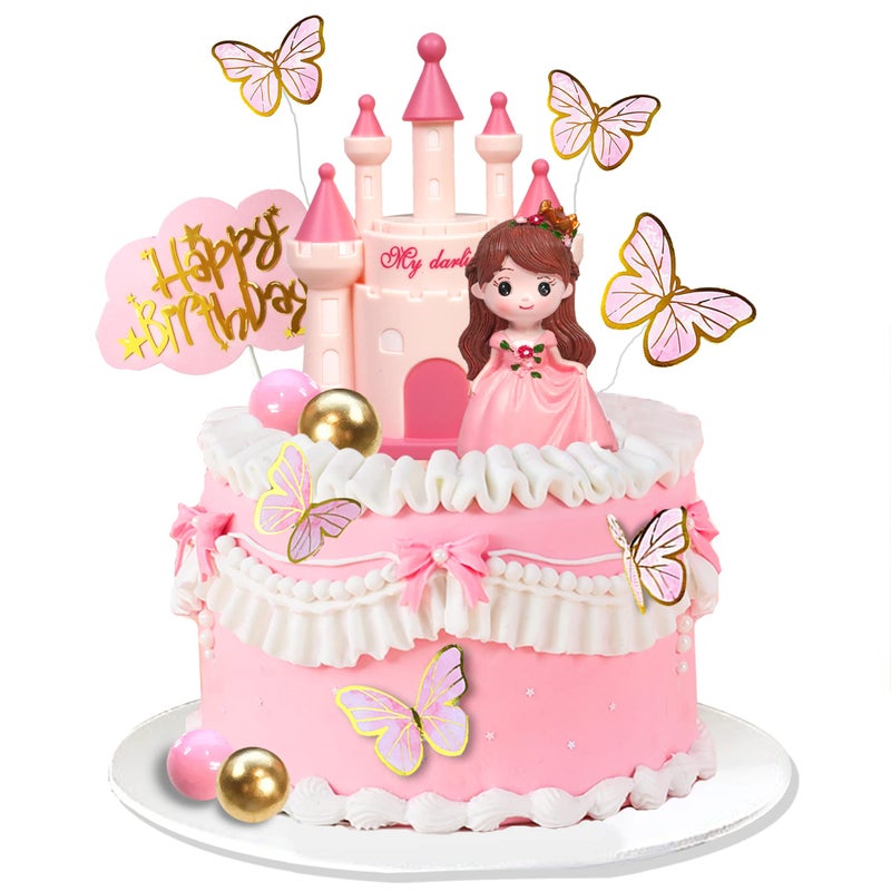 DRWATE 19 PCS Princess Cake Topper Castle Cake Decoration with Butterflies and Balls for Princess Birthday Supplies (Pink) - Image 1