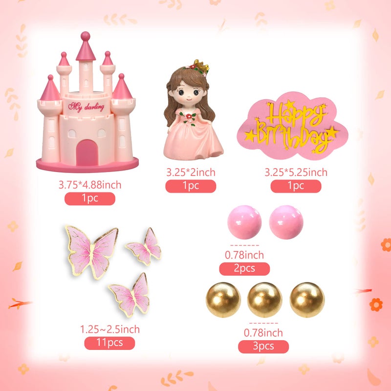 DRWATE 19 PCS Princess Cake Topper Castle Cake Decoration with Butterflies and Balls for Princess Birthday Supplies (Pink) - Image 2