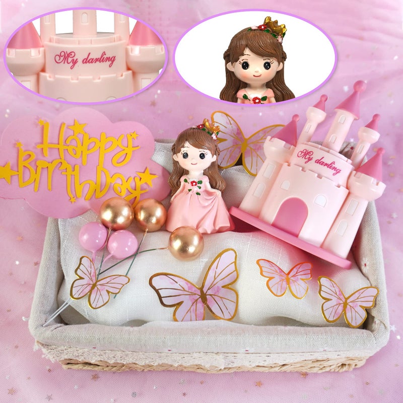 DRWATE 19 PCS Princess Cake Topper Castle Cake Decoration with Butterflies and Balls for Princess Birthday Supplies (Pink) - Image 3
