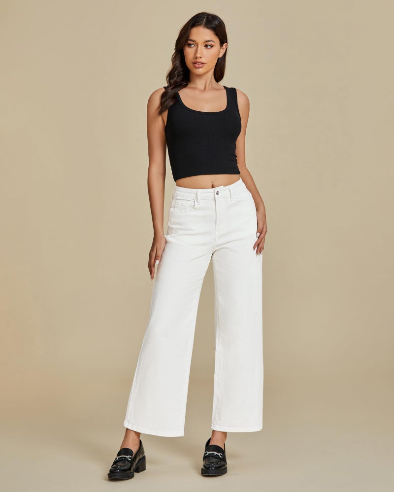 luvamia Wide Leg Jeans Woman Trendy Cropped Cream White High Waisted Size X-Large Fits Size 16-18 - Image 4