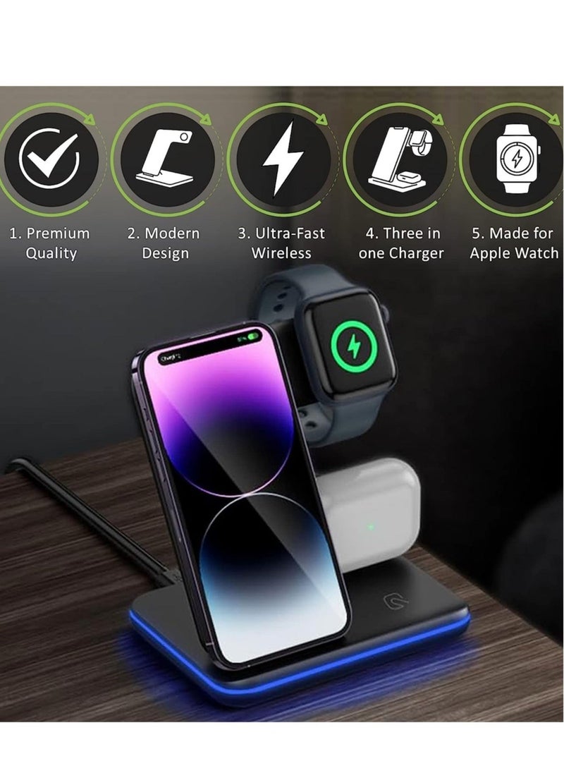 Generic - Wireless Charger-3 in 1 Charging Station with USB Data Cable Charging Station for iPhone 14/13/12/11 Pro/XS, Air Pods 3/2/1/pro, iWatch Series, Samsung and Qi-Certified Phones - Image 1