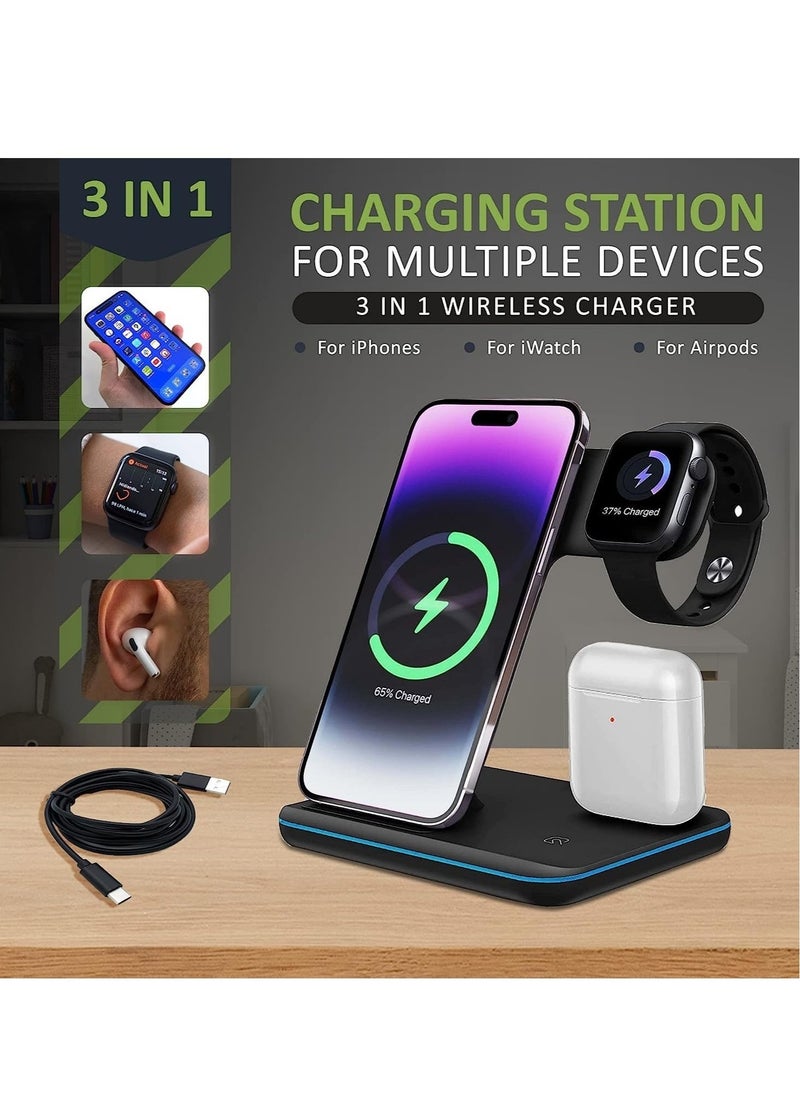 Generic - Wireless Charger-3 in 1 Charging Station with USB Data Cable Charging Station for iPhone 14/13/12/11 Pro/XS, Air Pods 3/2/1/pro, iWatch Series, Samsung and Qi-Certified Phones - Image 1