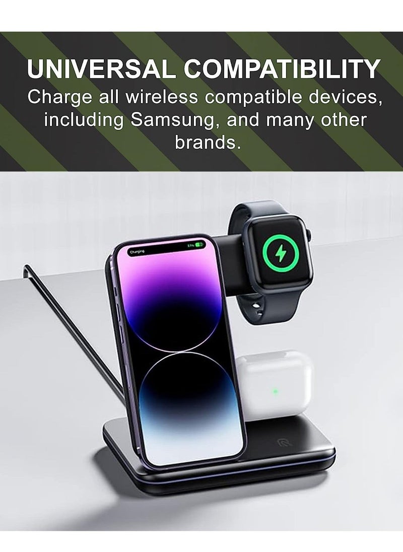 Generic - Wireless Charger-3 in 1 Charging Station with USB Data Cable Charging Station for iPhone 14/13/12/11 Pro/XS, Air Pods 3/2/1/pro, iWatch Series, Samsung and Qi-Certified Phones - Image 1