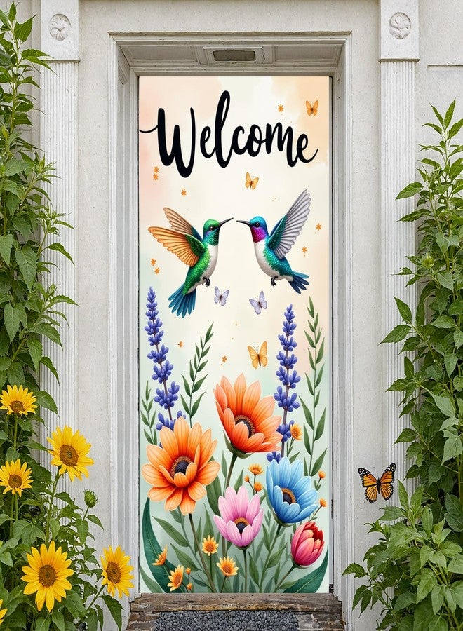 Woosytoo Hummingbird Welcome Door Banner Spring Summer Hummingbird Door Cover Decorations Hanging Backdrop Photo Booth Prop for Indoor Outdoor Spring Summer Garden Party Decor - Image 1