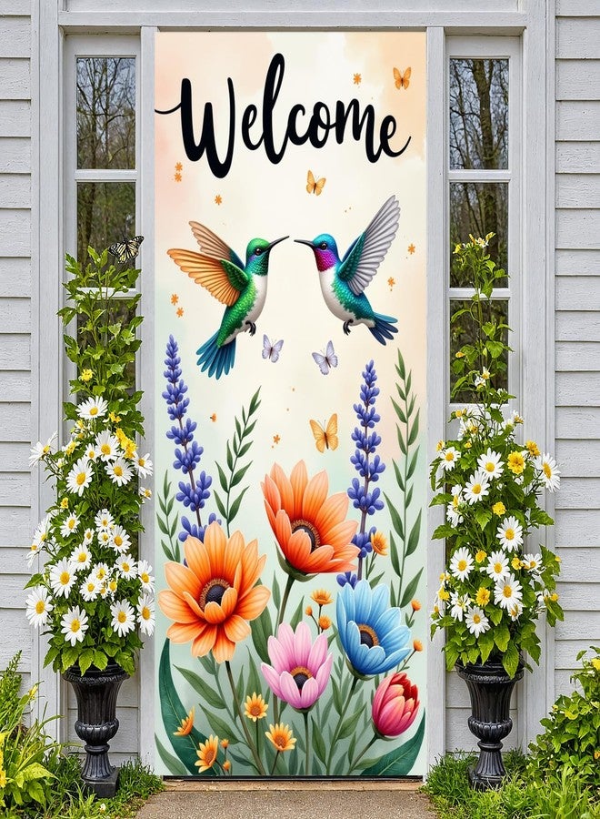 Woosytoo Hummingbird Welcome Door Banner Spring Summer Hummingbird Door Cover Decorations Hanging Backdrop Photo Booth Prop for Indoor Outdoor Spring Summer Garden Party Decor - Image 2
