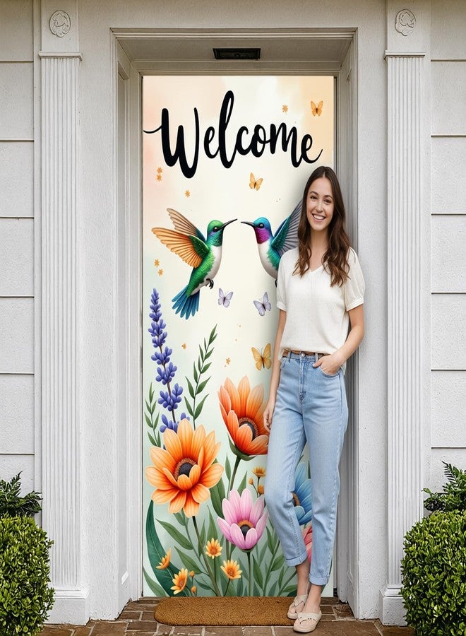 Woosytoo Hummingbird Welcome Door Banner Spring Summer Hummingbird Door Cover Decorations Hanging Backdrop Photo Booth Prop for Indoor Outdoor Spring Summer Garden Party Decor - Image 4