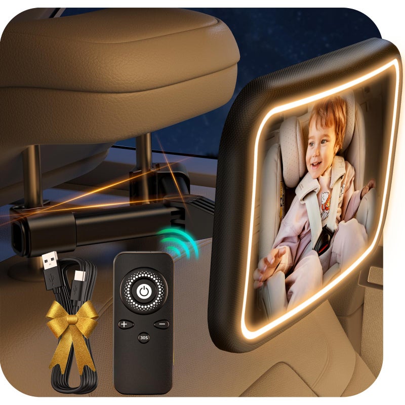 TAZENI Baby Car Mirror With Light for Baby Rechargeable 2000mA Baby Mirror for Car Seat Rear Facing Hook Clip Design Car Seat Mirror for Baby Rear Facing Crystal Clear ShatterProof With Remote 10ft Cable - Image 1