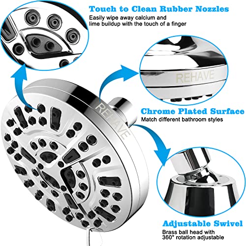 REHAVE 5.1-Inch Rainfall Shower Head with 63 Jets, 8 Spray Modes - Chrome Finish, Brass Angle-Adjustable, Anti-Clogging Silicone Nozzles - Image 5