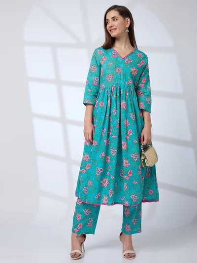 globus Women Pom Pom Lace V-Neck Floral Print Pleated A-Line Kurta With Pants Workwear Set