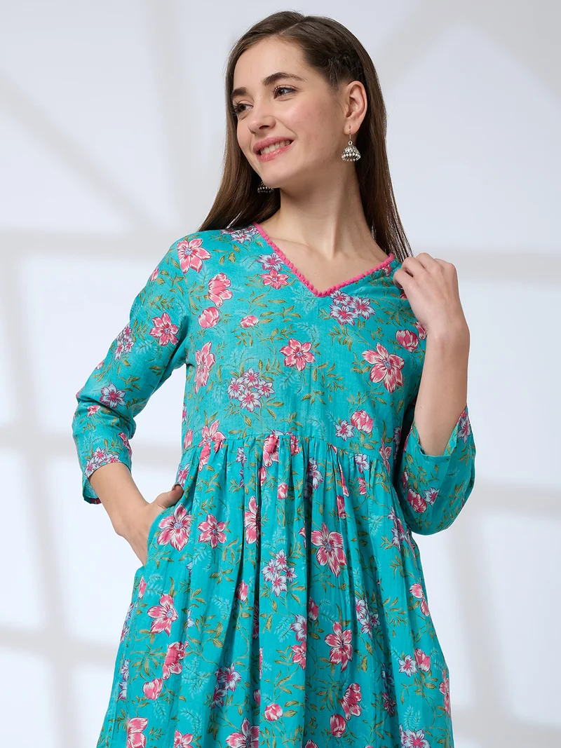 globus Women Pom Pom Lace V-Neck Floral Print Pleated A-Line Kurta With Pants Workwear Set